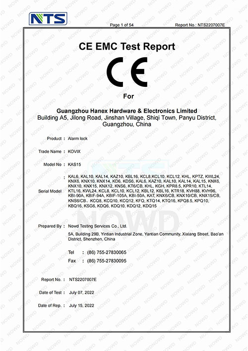 NTS2207007E Electronic Locks for KOVIX EMC Report